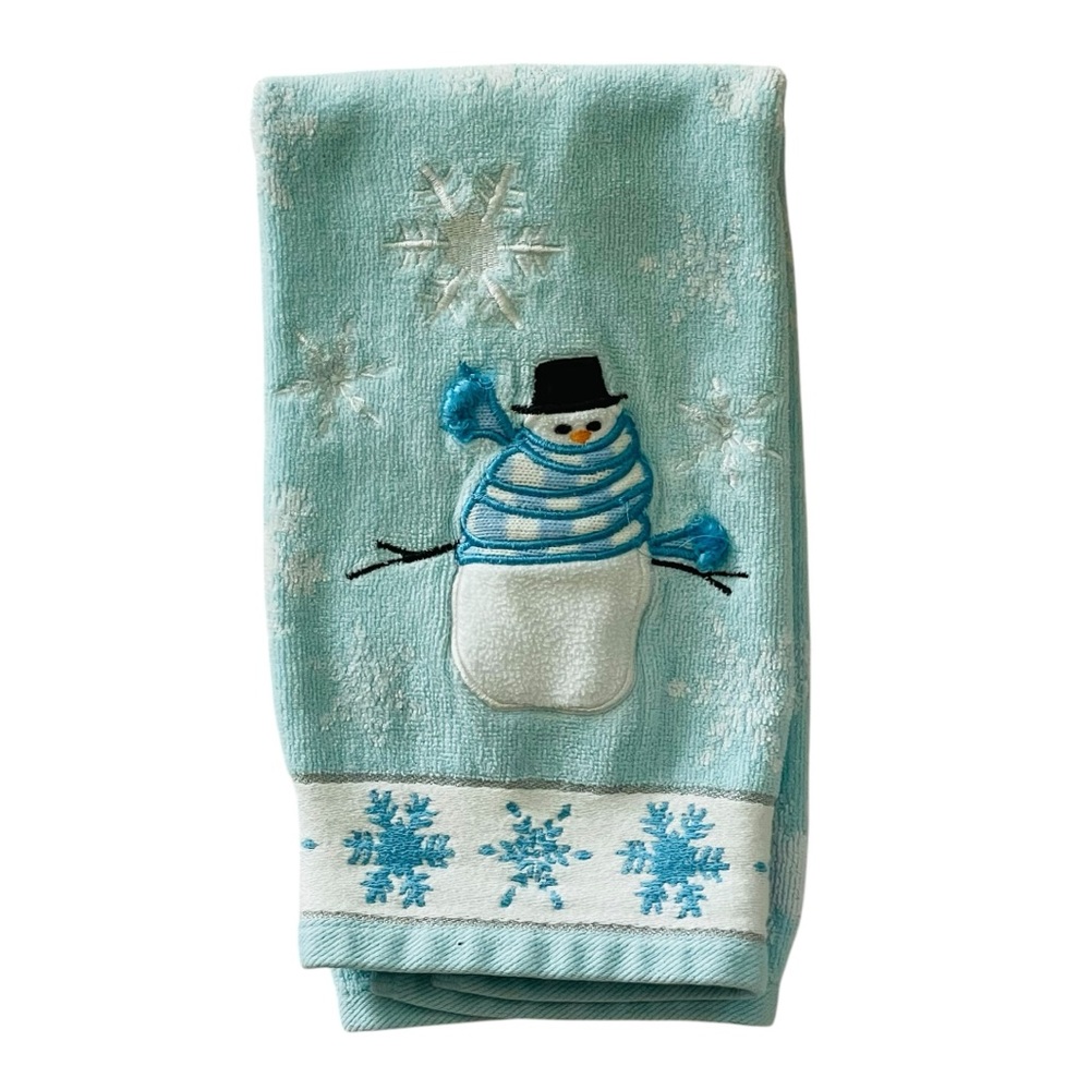 Holiday Snowman Hand Towel Embroidered Appliqué Snowflakes Light Blue White